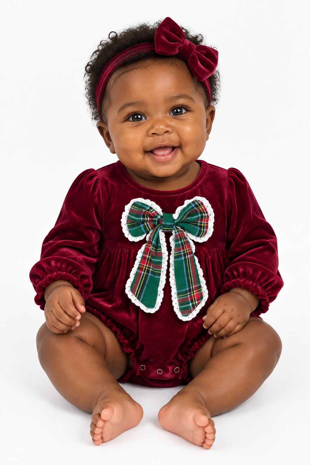 Baby Girls Christmas Burgundy Velvet Plaid Bow Romper
