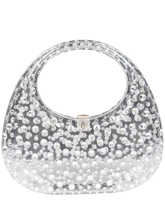 Rhinestone Cleared Top Handle Box Clutch