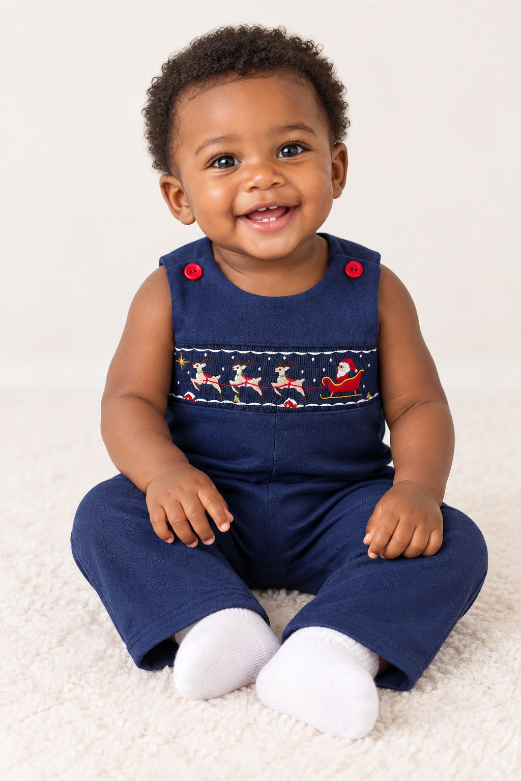 Christmas Holiday Celebration Baby Boys Romper: Navy with Santa Sleigh
