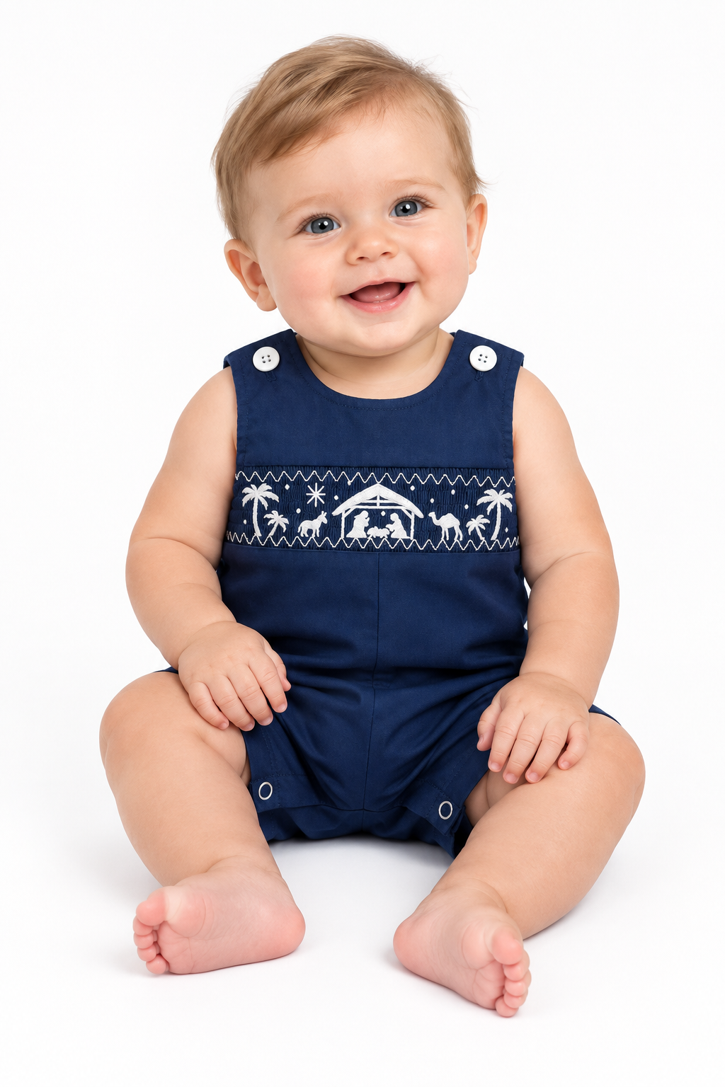 Christmas Navy Blue Nativity Smocking Embroidered Baby Boy Romper