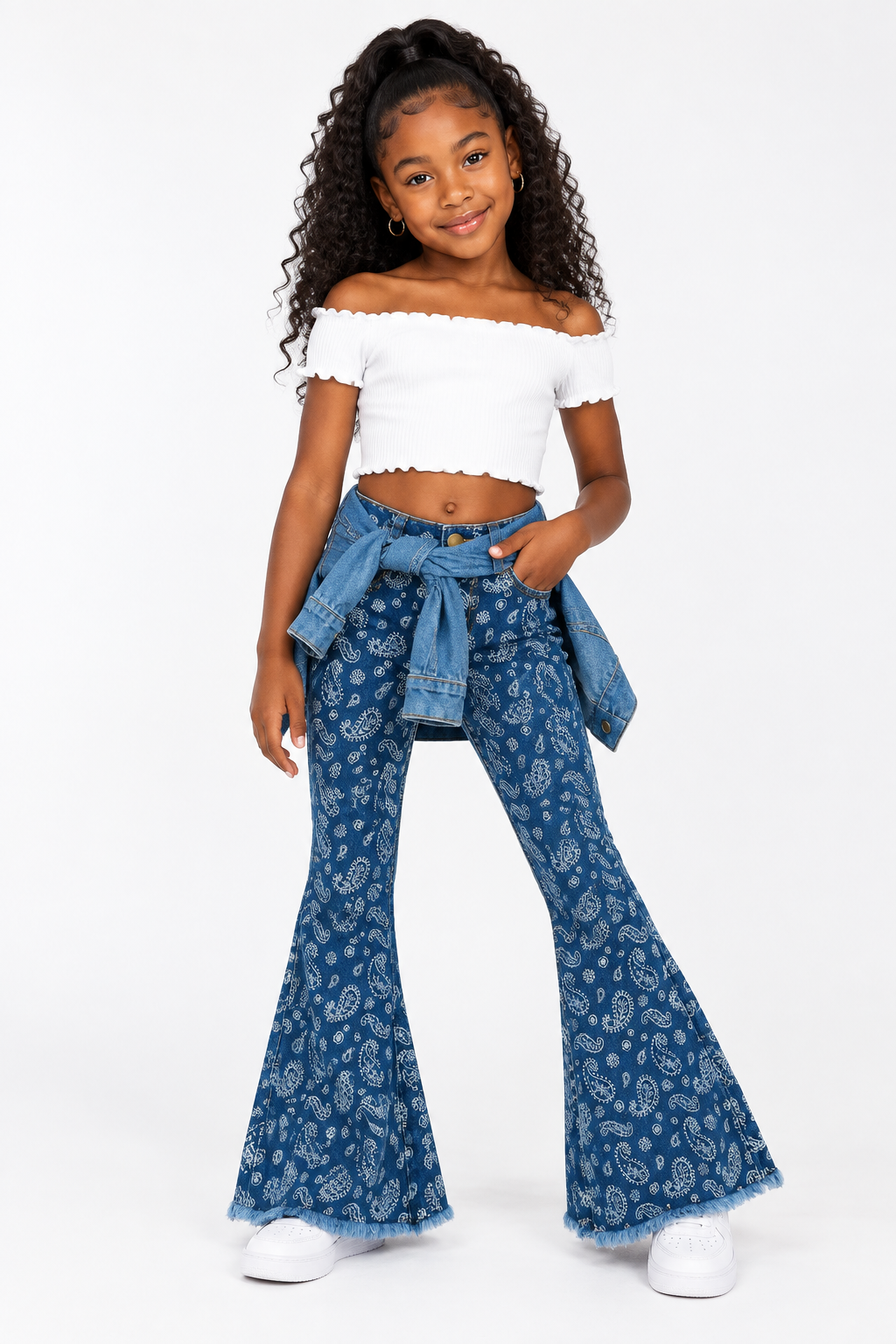 Girls Denim Bell Bottom Pants Decorative Print Flare Jeans