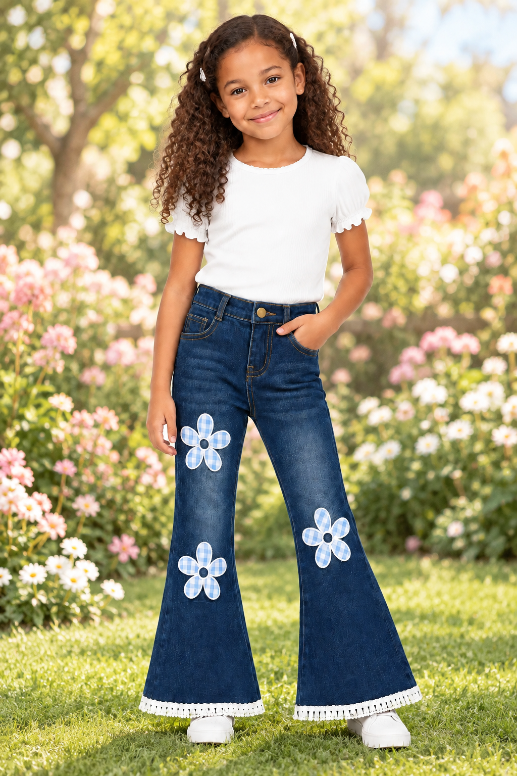 FALL Girls Floral Appliqué Denim Bell Bottom Jeans