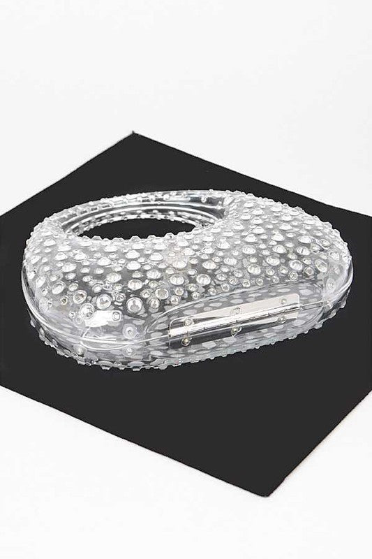 Rhinestone Cleared Top Handle Box Clutch