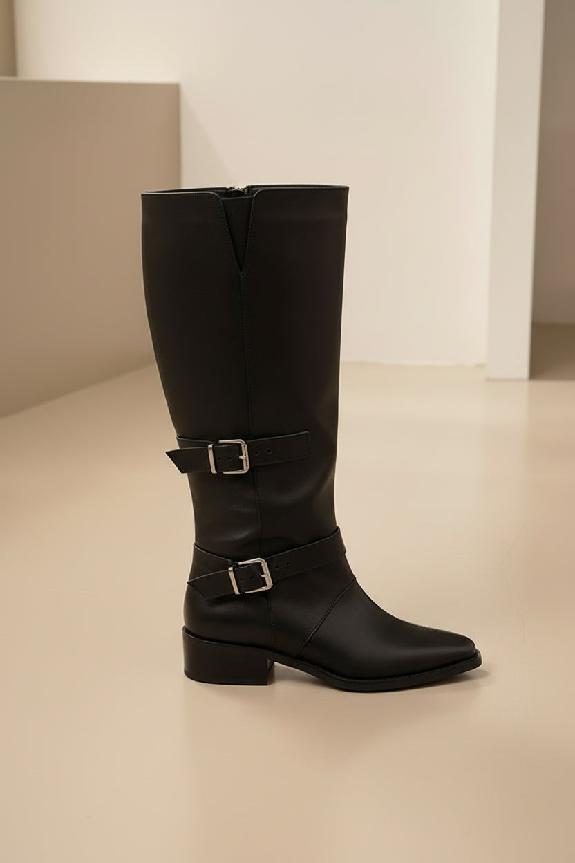 Women's Pointed Toe Buckle Ruched Slouch Boots