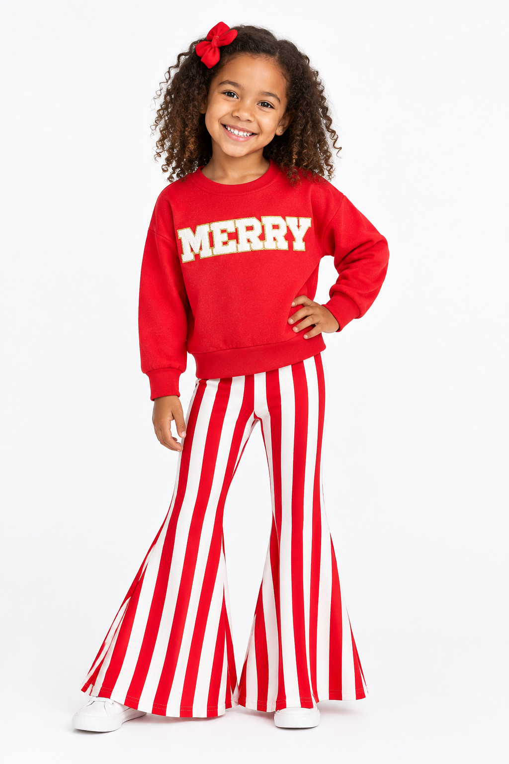 Christmas “MERRY” Applique Girls Striped Bell-bottom Pants Outfit Set