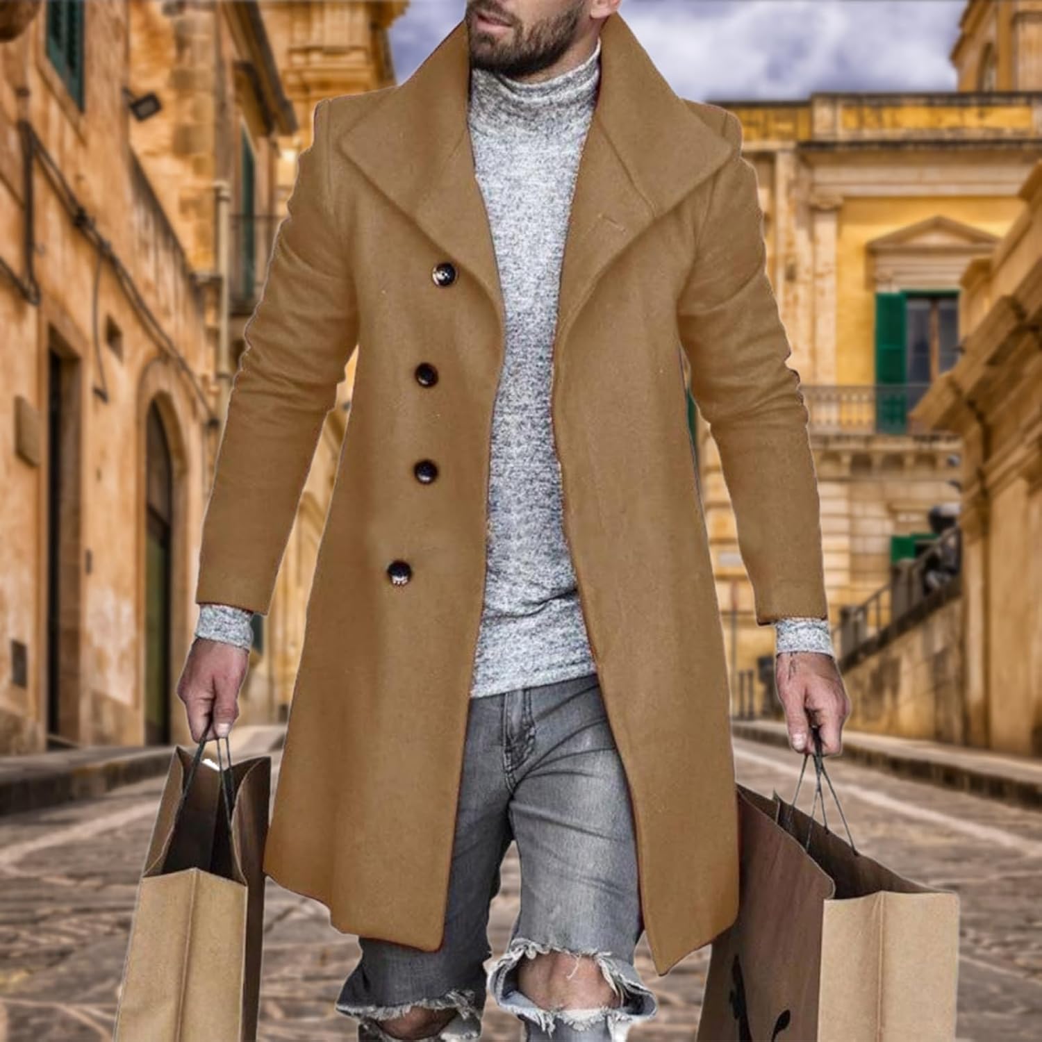 Lapel Single Breasted Slim Overcoat