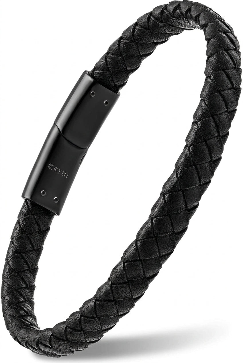 7mm Black Braided Leather Bracelet