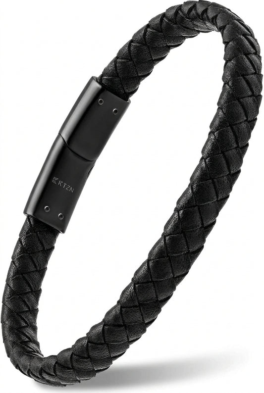 7mm Black Braided Leather Bracelet