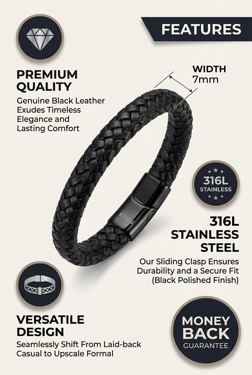 7mm Black Braided Leather Bracelet