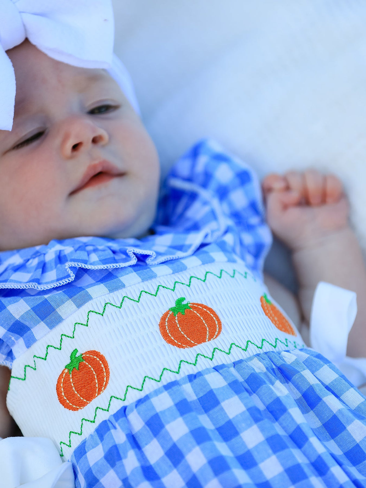 Blue Pumpkin Smock Embroidery Baby Girl Romper