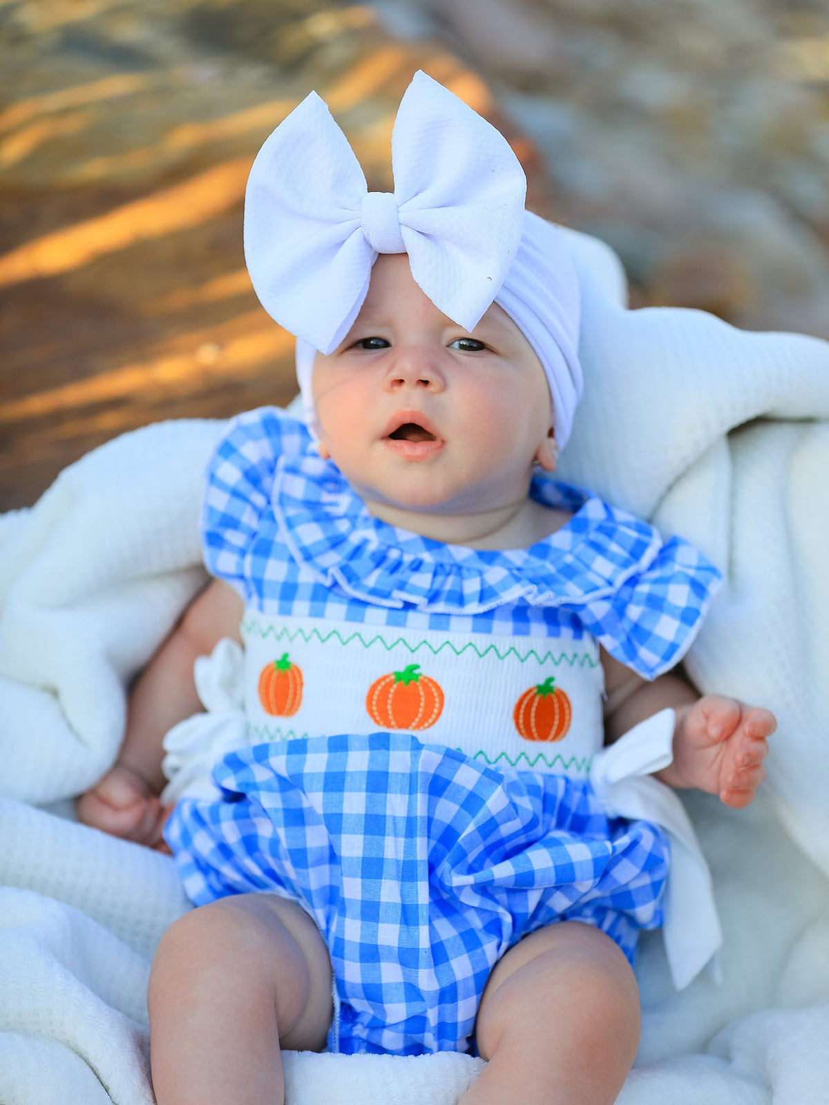 Blue Pumpkin Smock Embroidery Baby Girl Romper
