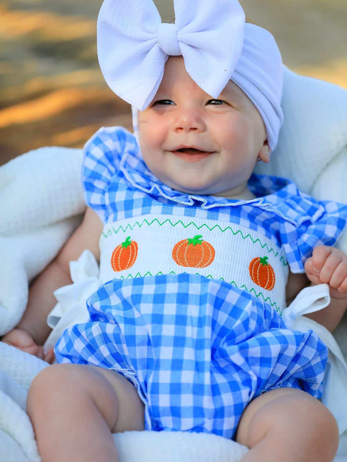 Blue Pumpkin Smock Embroidery Baby Girl Romper