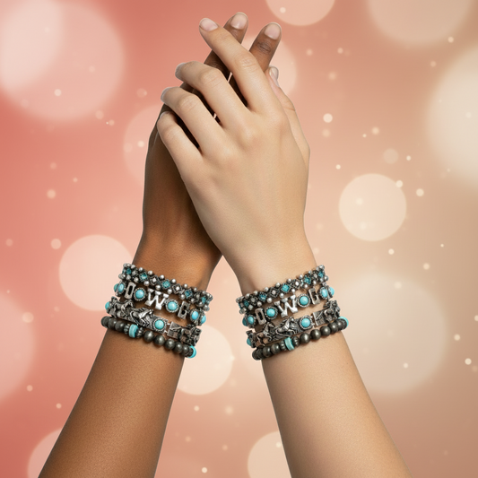 4pc Western Jeweled Beaded Cowgirl Bracelet Set