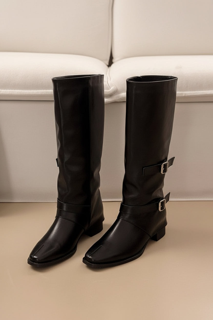 Women's Pointed Toe Buckle Ruched Slouch Boots