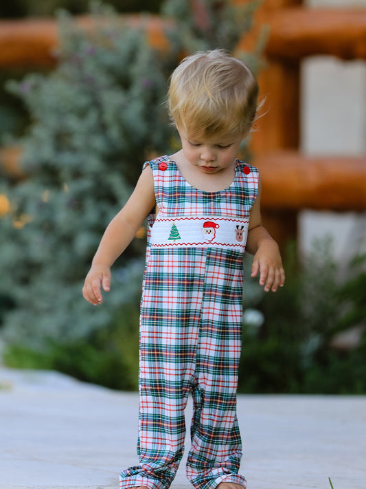 Christmas Jonjon Plaid Smocking Embroidered Boys Romper