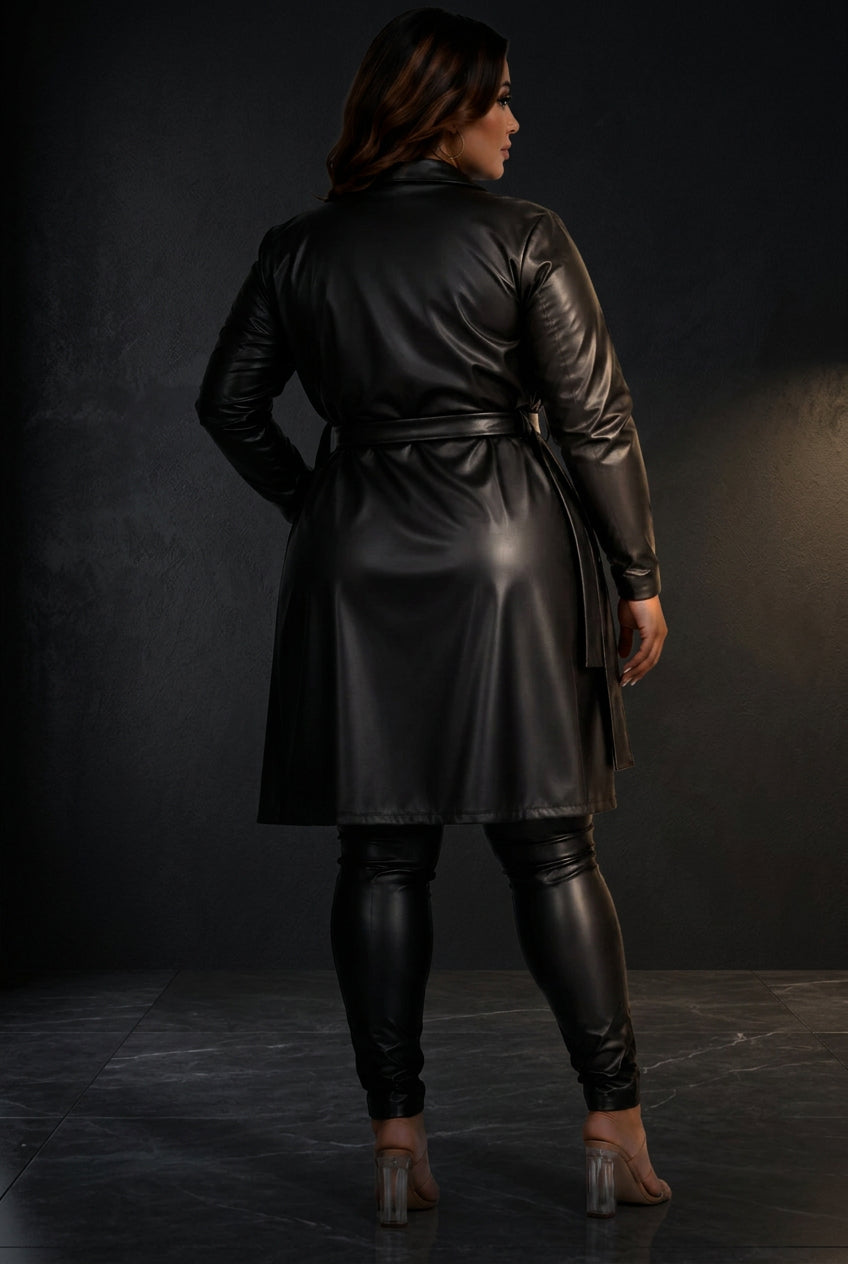 Faux leather long jacket with belt two pockets