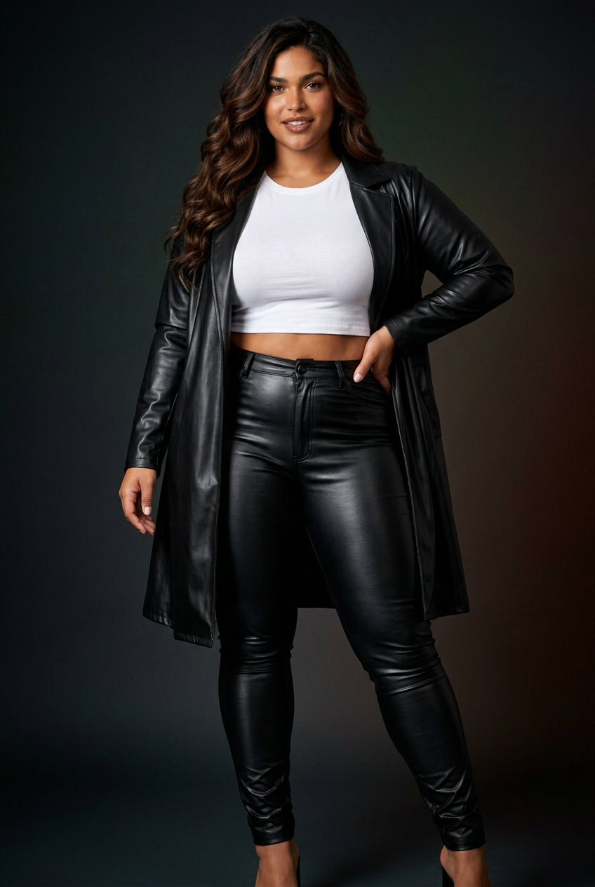Faux leather long jacket with belt two pockets